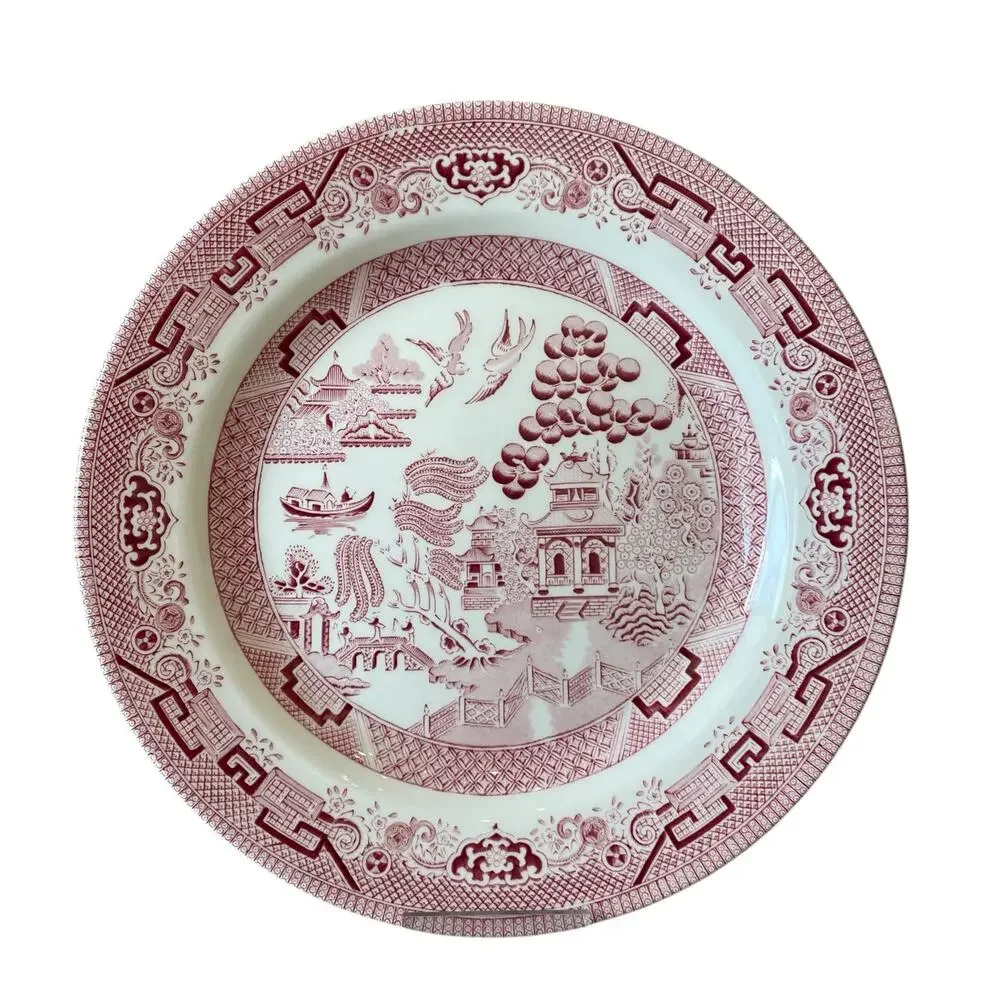 Queen's England WILLOW ROSA Porcelain Dinner Plates 10in Red White Set of 4 New